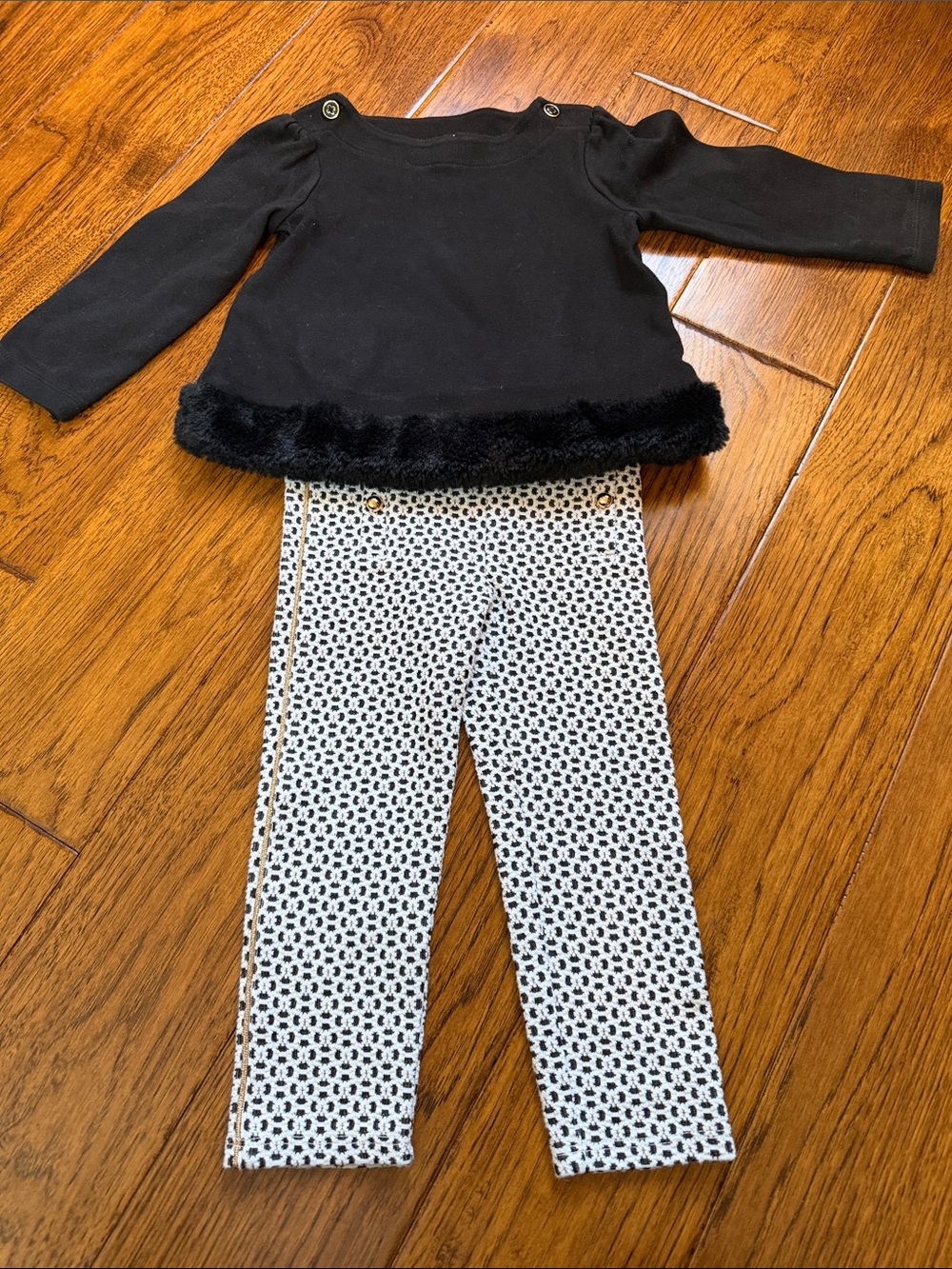 Janie and Jack Black Top with Black and White Patterned Pants
